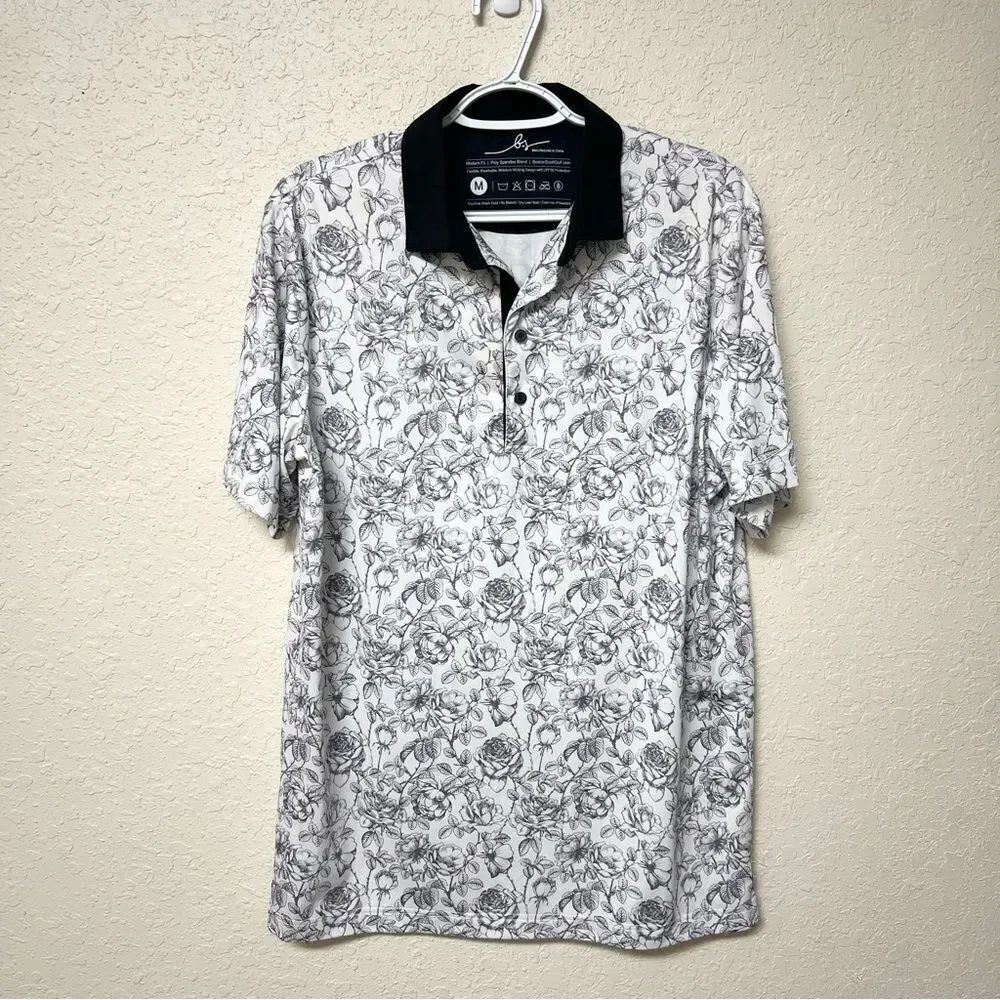 Boston Scott Polo Shirt Mens Gray Floral Print Golf Performance UPF Stretch Sz M